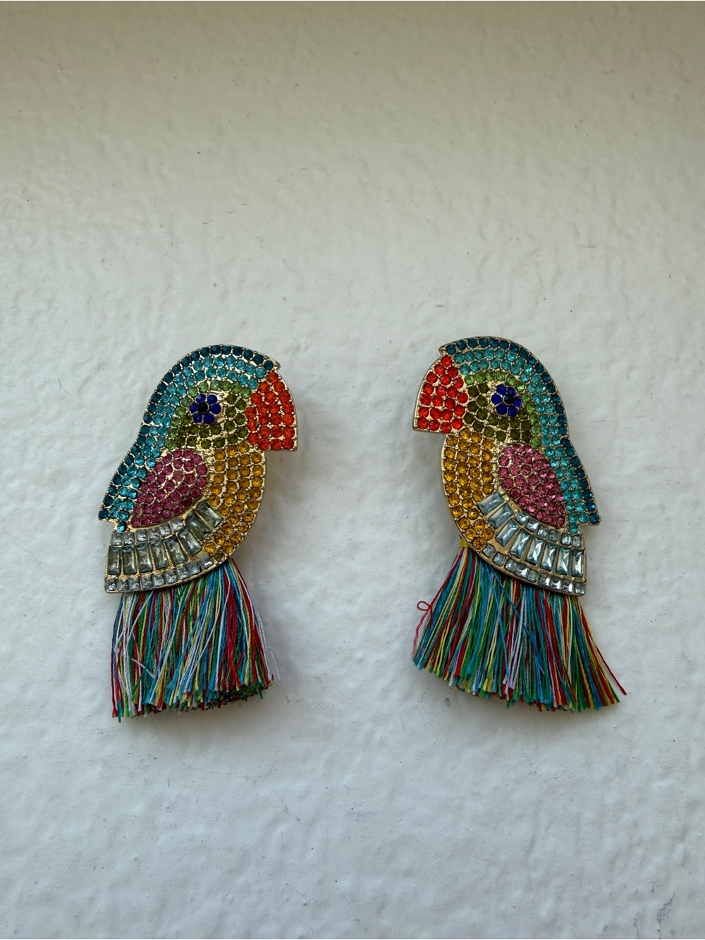 Rainbow rhinestone parrot tassel earrings
